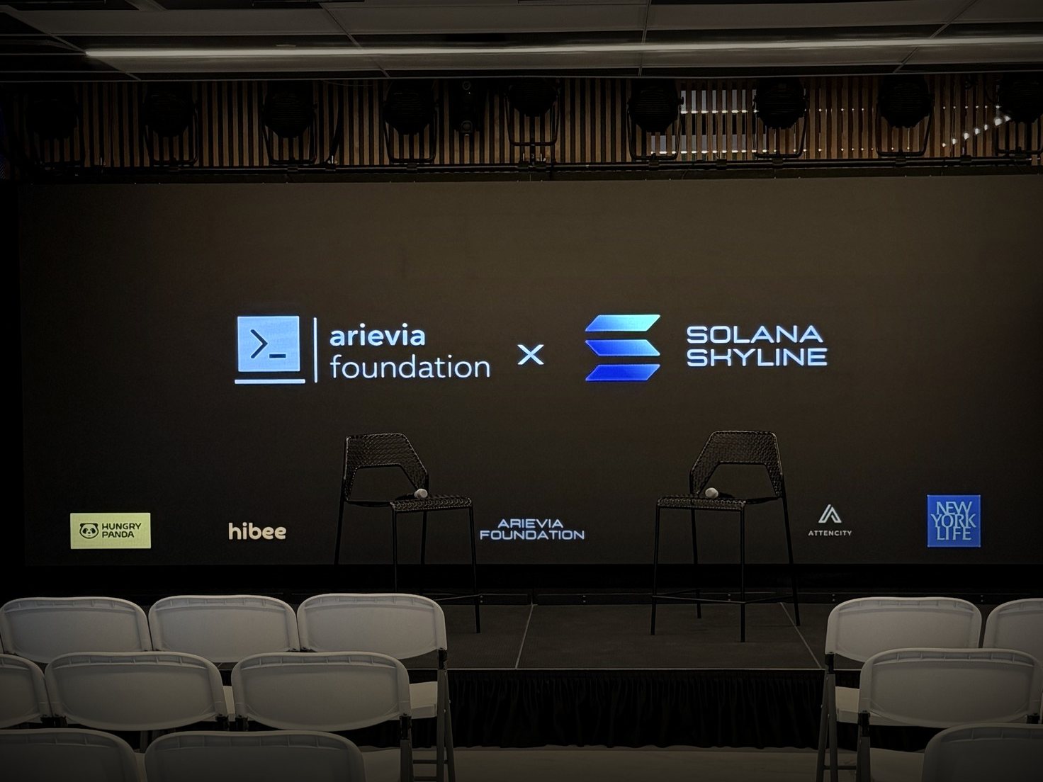 The empty stage with two stools at Solana Skyline in Manhattan, just before Arievia's first public program